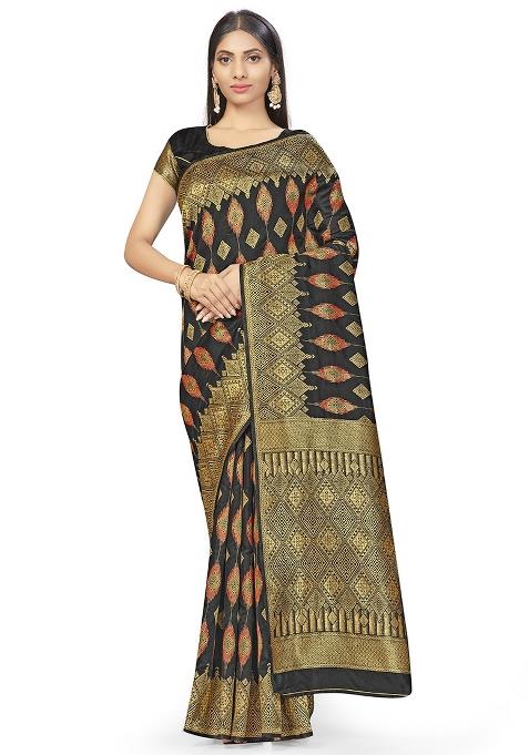 Black Embroidered Silk Saree Set