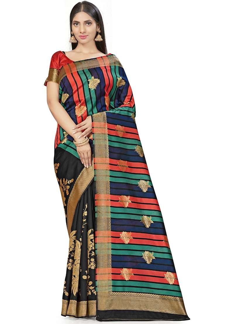 Black Embroidered Silk Blend Saree Set for Diwali and Festive Wear - Indya