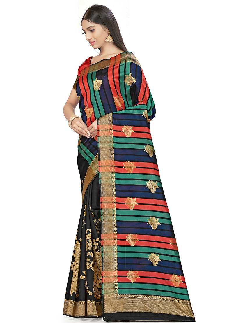 Black Embroidered Silk Blend Saree Set for Diwali and Festive Wear - Indya