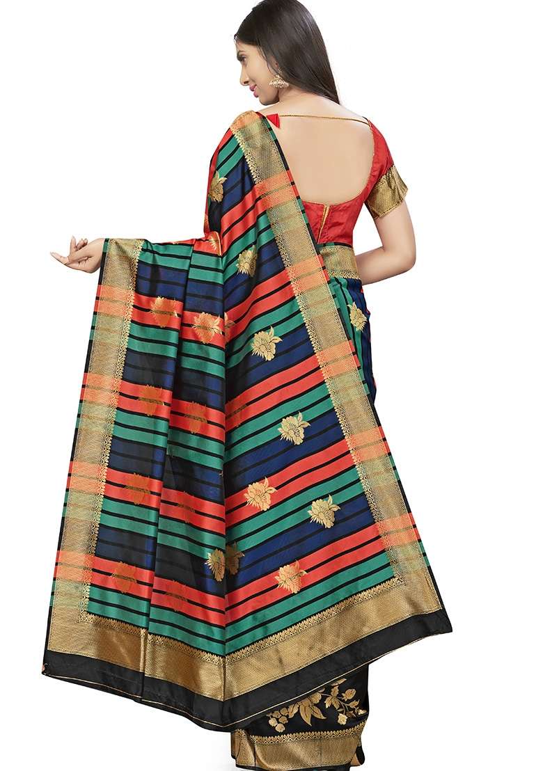 Black Embroidered Silk Blend Saree Set for Diwali and Festive Wear - Indya