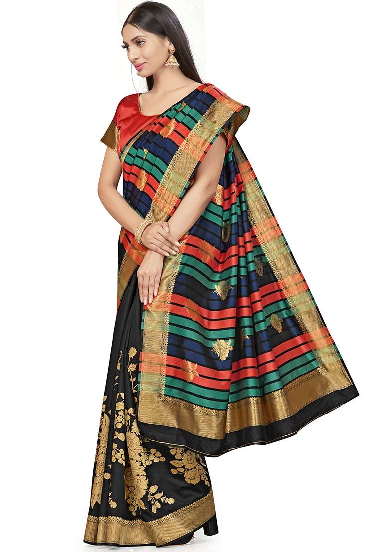 Black Embroidered Silk Blend Saree Set for Diwali and Festive Wear - Indya