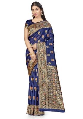 Navy Blue Embroidered Silk Saree Set