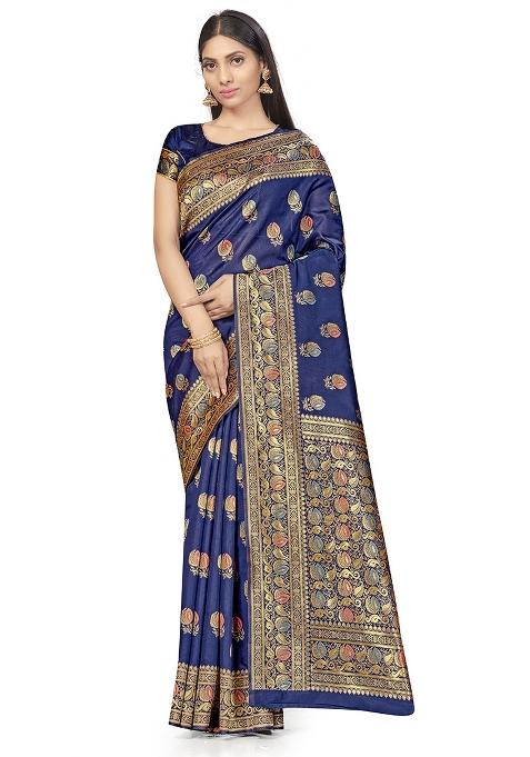 Navy Blue Embroidered Silk Saree Set