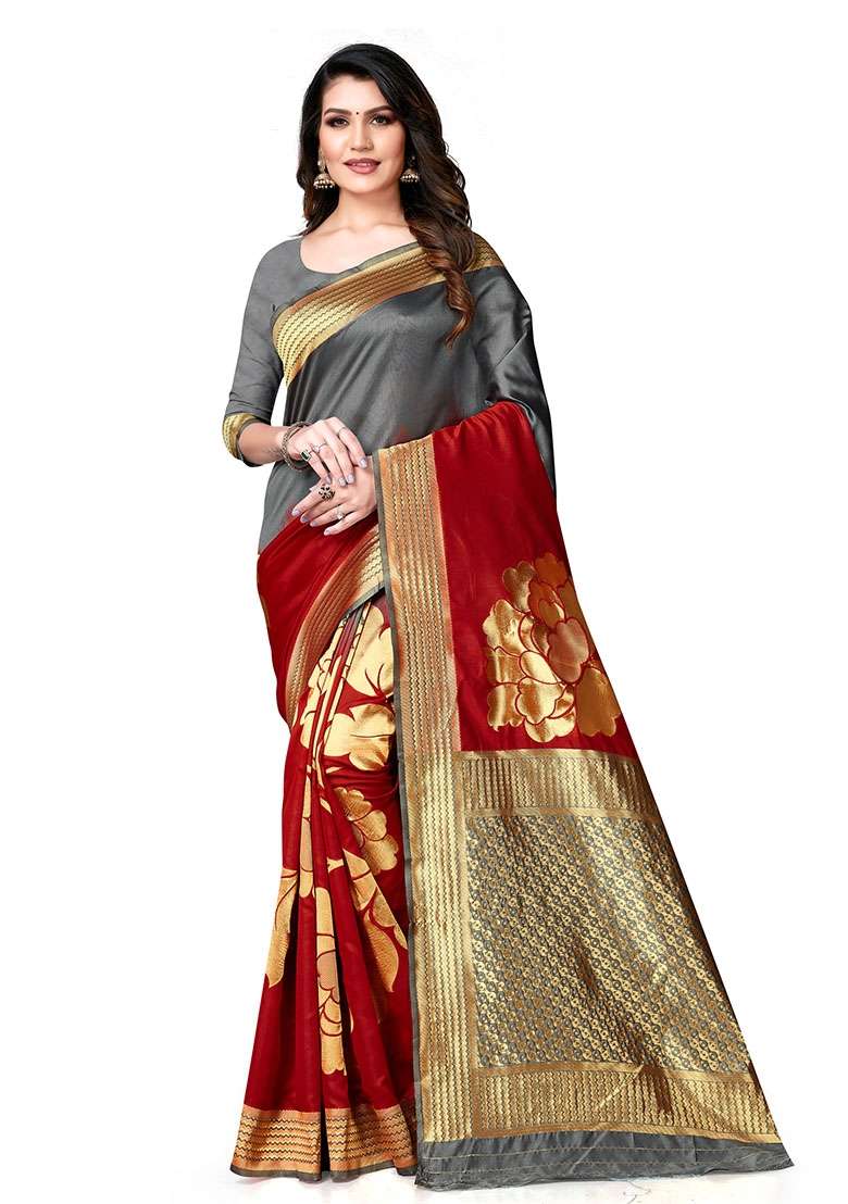 Grey Silk Blend Saree Set with Embroidered for Diwali | Wedding & Festive Wear - Indya