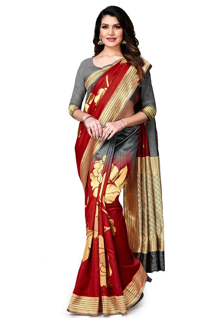 Grey Silk Blend Saree Set with Embroidered for Diwali | Wedding & Festive Wear - Indya