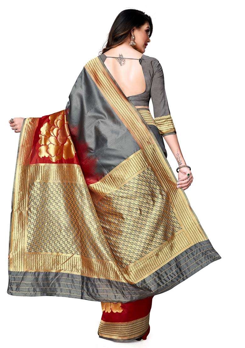 Grey Silk Blend Saree Set with Embroidered for Diwali | Wedding & Festive Wear - Indya
