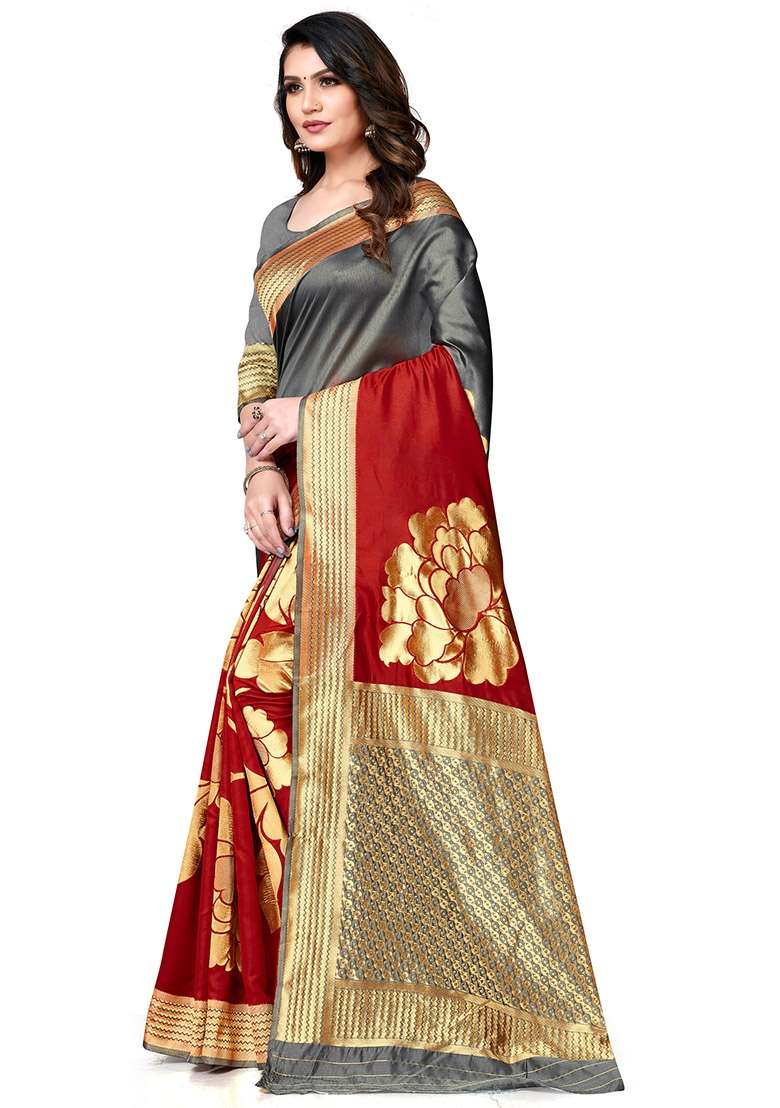 Grey Silk Blend Saree Set with Embroidered for Diwali | Wedding & Festive Wear - Indya