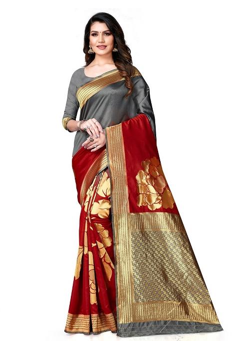 Grey Embroidered Silk Saree Set