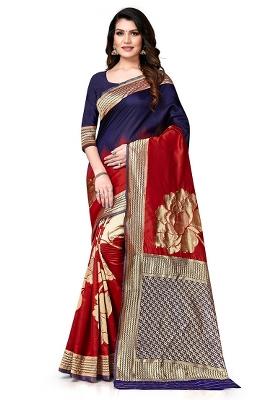 Navy Blue Red Embroidered Silk Saree Set