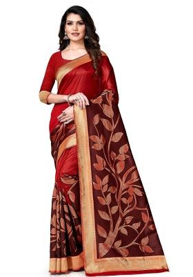Brown Embroidered Silk Saree Set