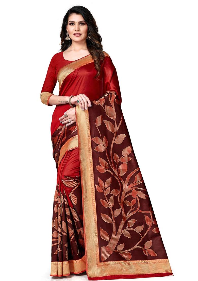 Brown Embroidered Silk Blend Saree Set for Diwali and Festive Wear - Indya