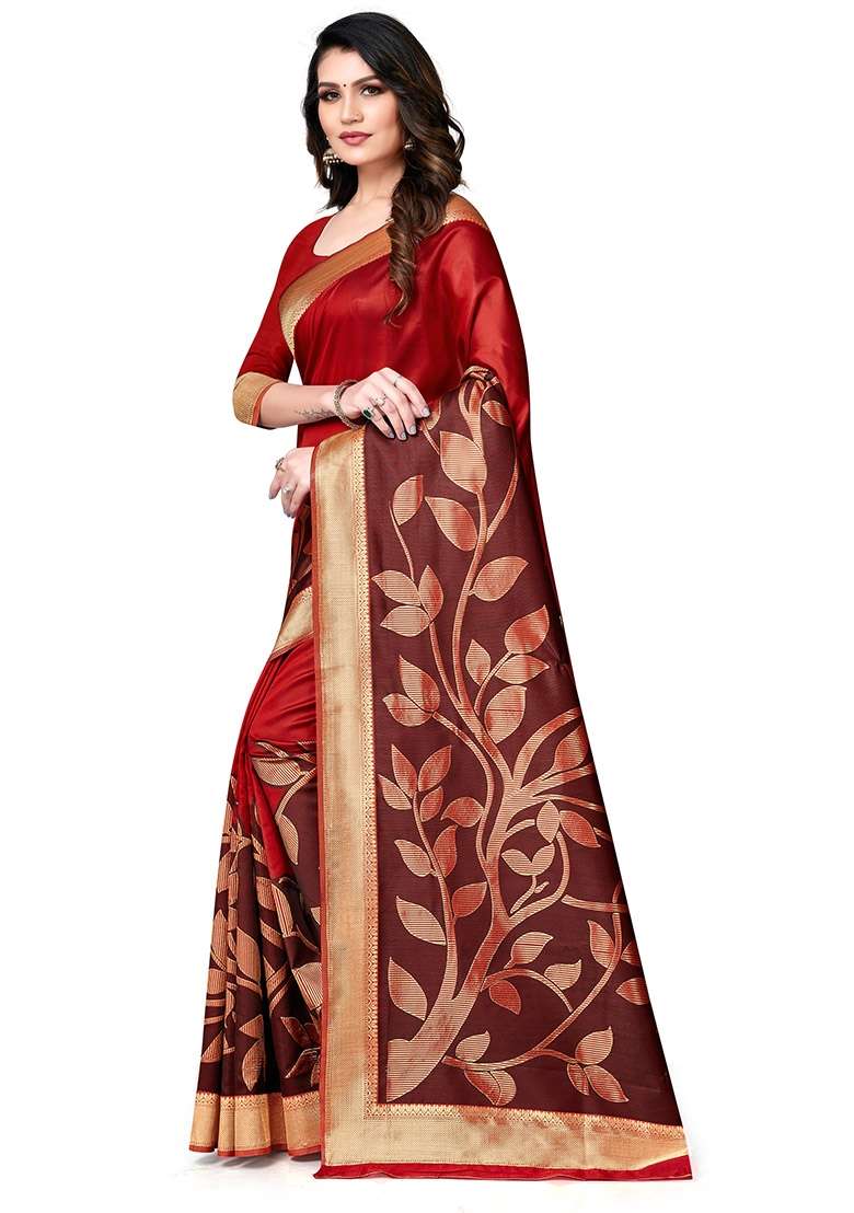 Brown Embroidered Silk Blend Saree Set for Diwali and Festive Wear - Indya
