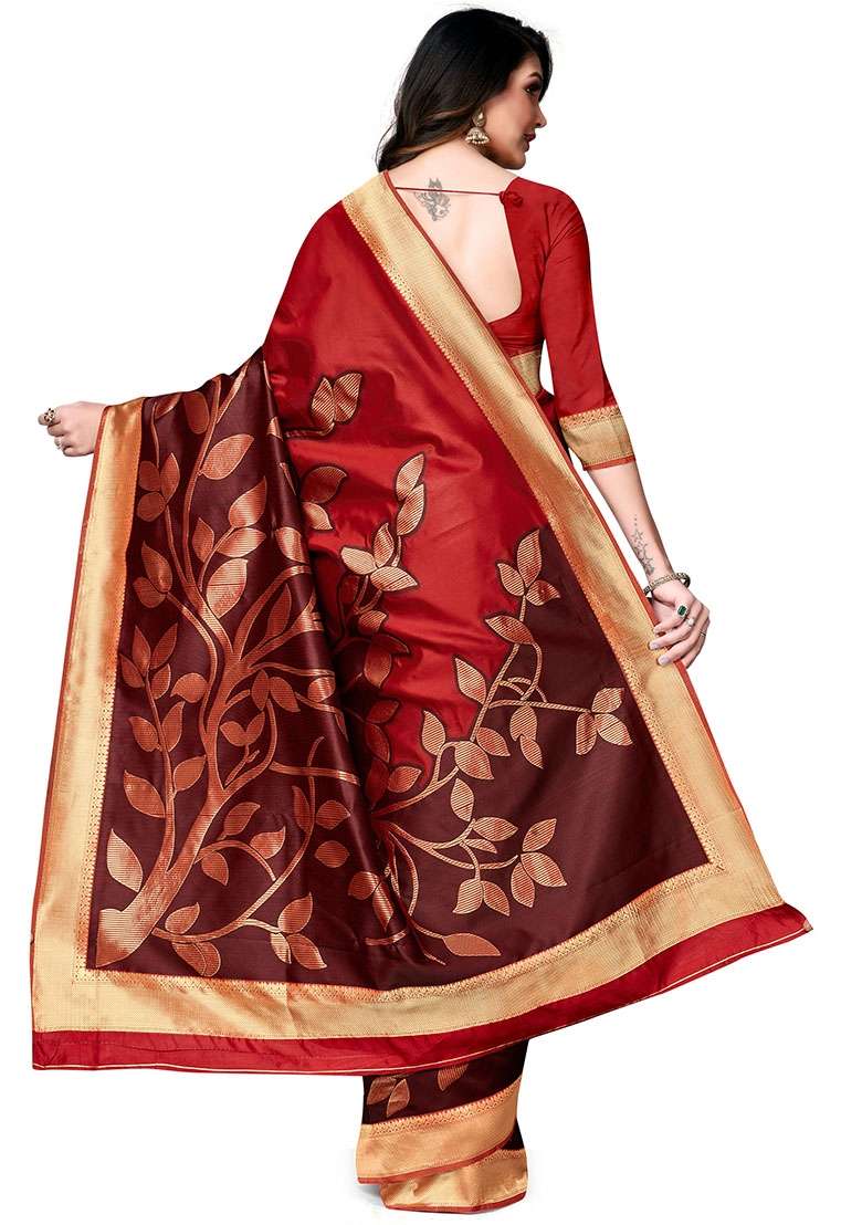 Brown Embroidered Silk Blend Saree Set for Diwali and Festive Wear - Indya