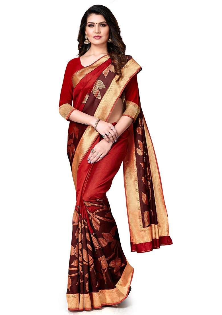 Brown Embroidered Silk Blend Saree Set for Diwali and Festive Wear - Indya