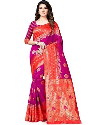 Light Purple Embroidered Silk Blend Saree Set