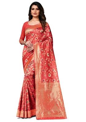 Peach Embroidered Silk Saree Set