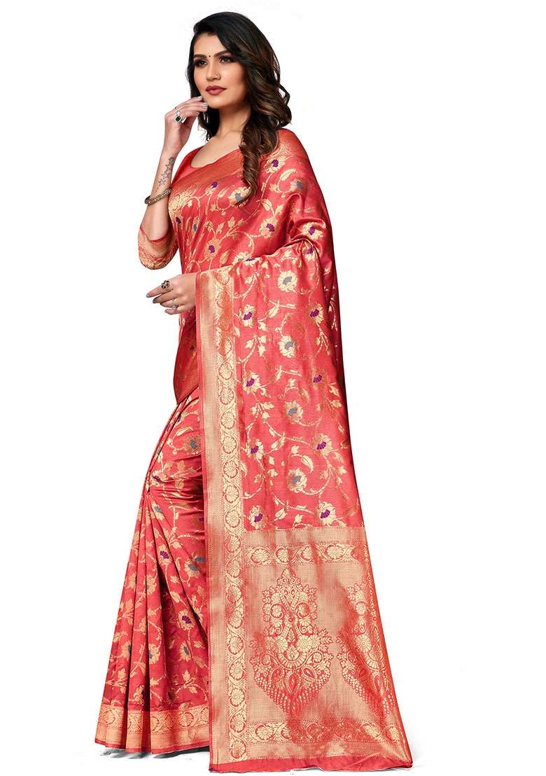 Peach Silk Blend Saree Set with Embroidered for Diwali | Wedding & Festive Wear - Indya