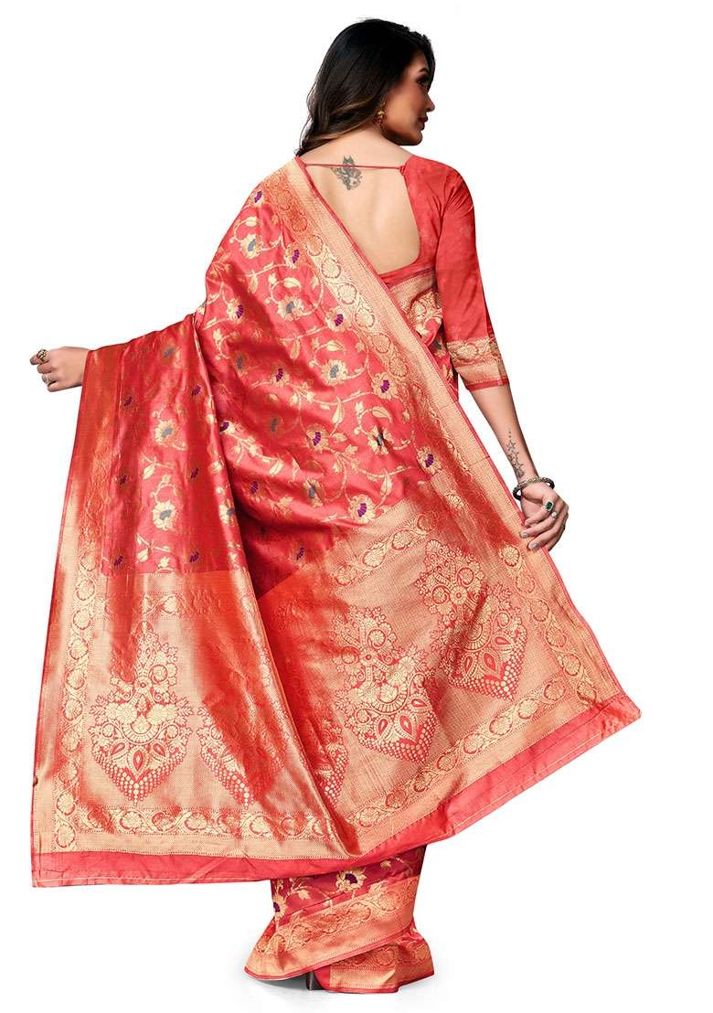 Peach Silk Blend Saree Set with Embroidered for Diwali | Wedding & Festive Wear - Indya