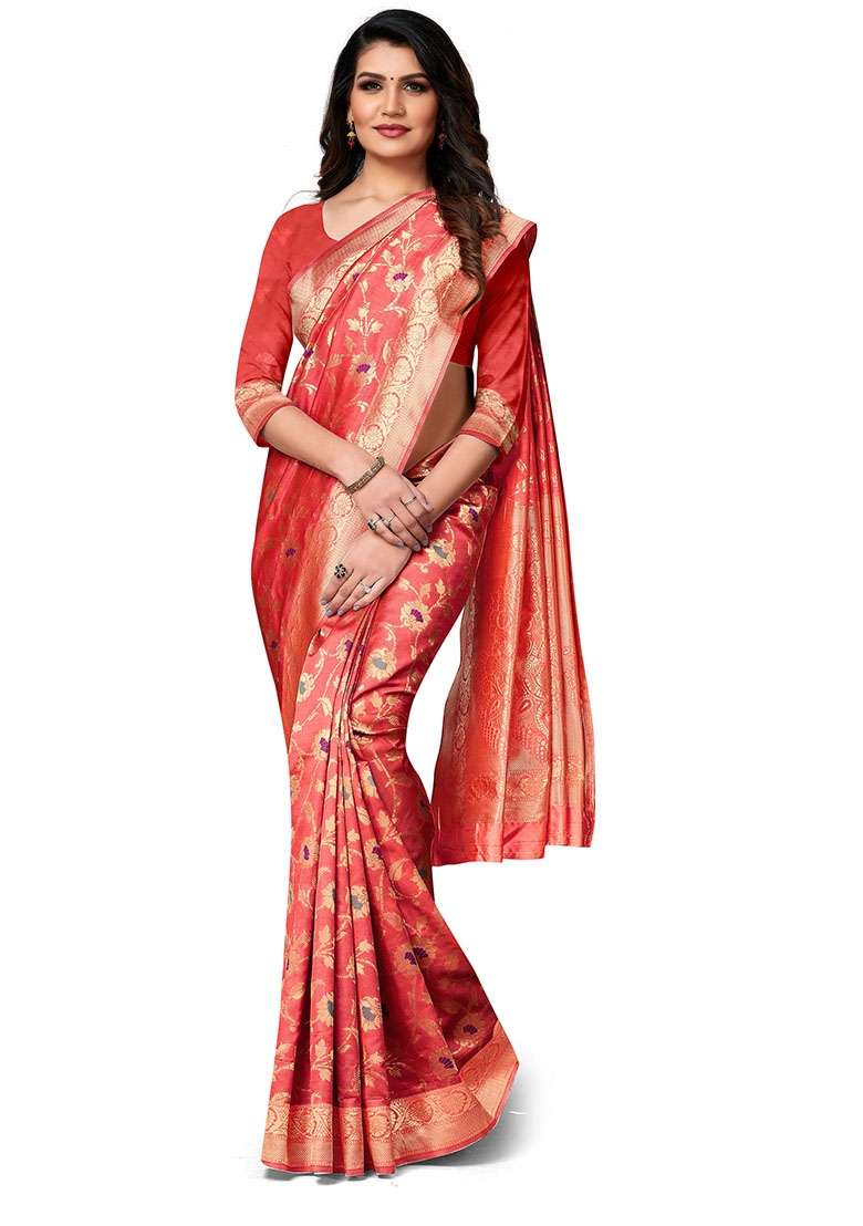 Peach Silk Blend Saree Set with Embroidered for Diwali | Wedding & Festive Wear - Indya