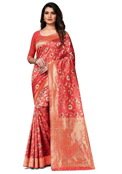Peach Embroidered Silk Saree Set