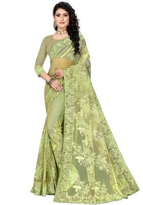 Pista Green Embroidered Net Saree Set