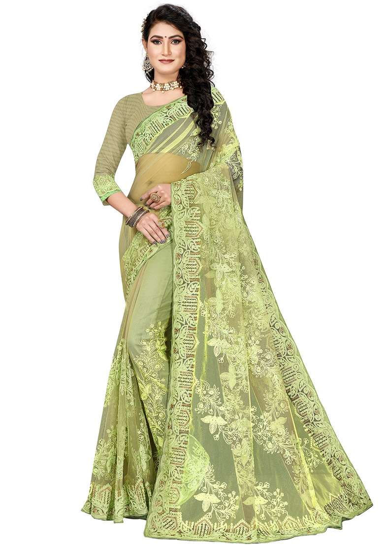 Pista Green Embroidered Net Saree Set - Indya