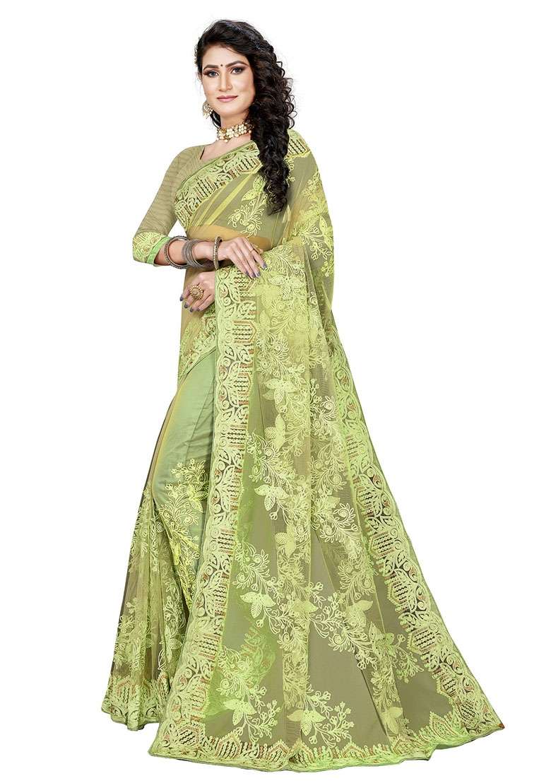 Pista Green Embroidered Net Saree Set - Indya