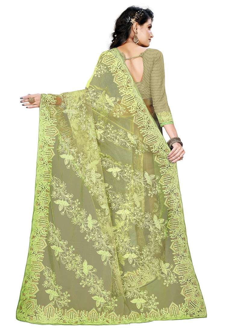 Pista Green Embroidered Net Saree Set - Indya