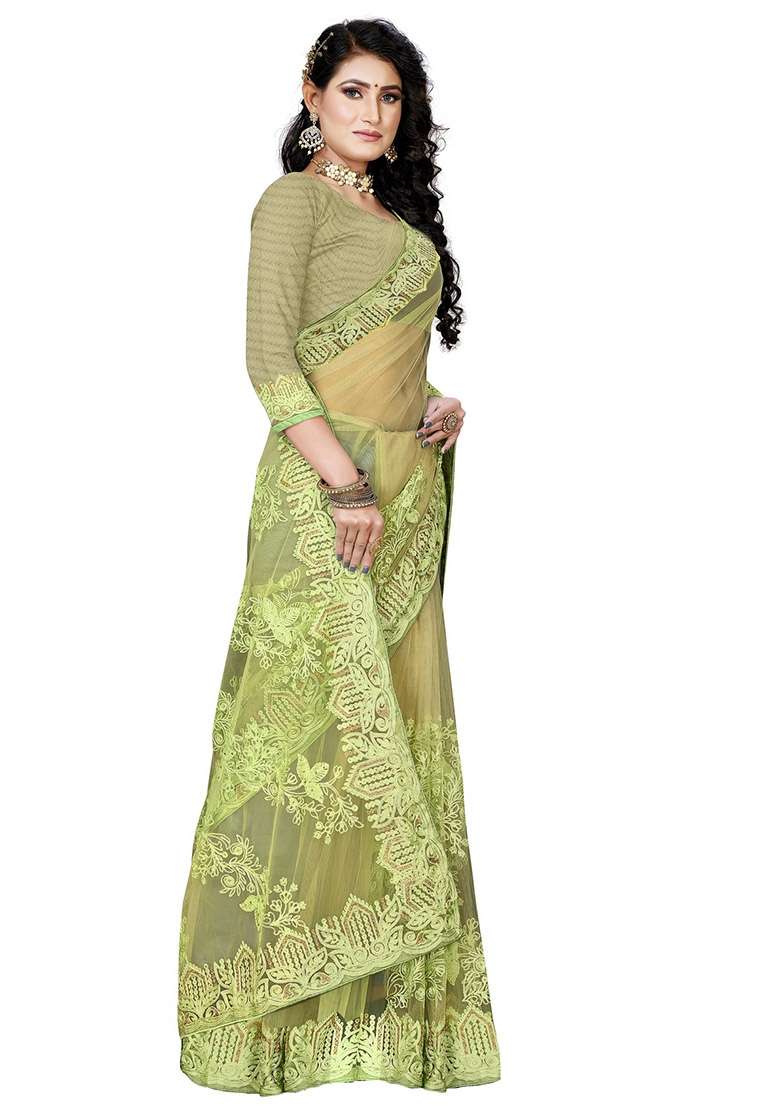 Pista Green Embroidered Net Saree Set - Indya