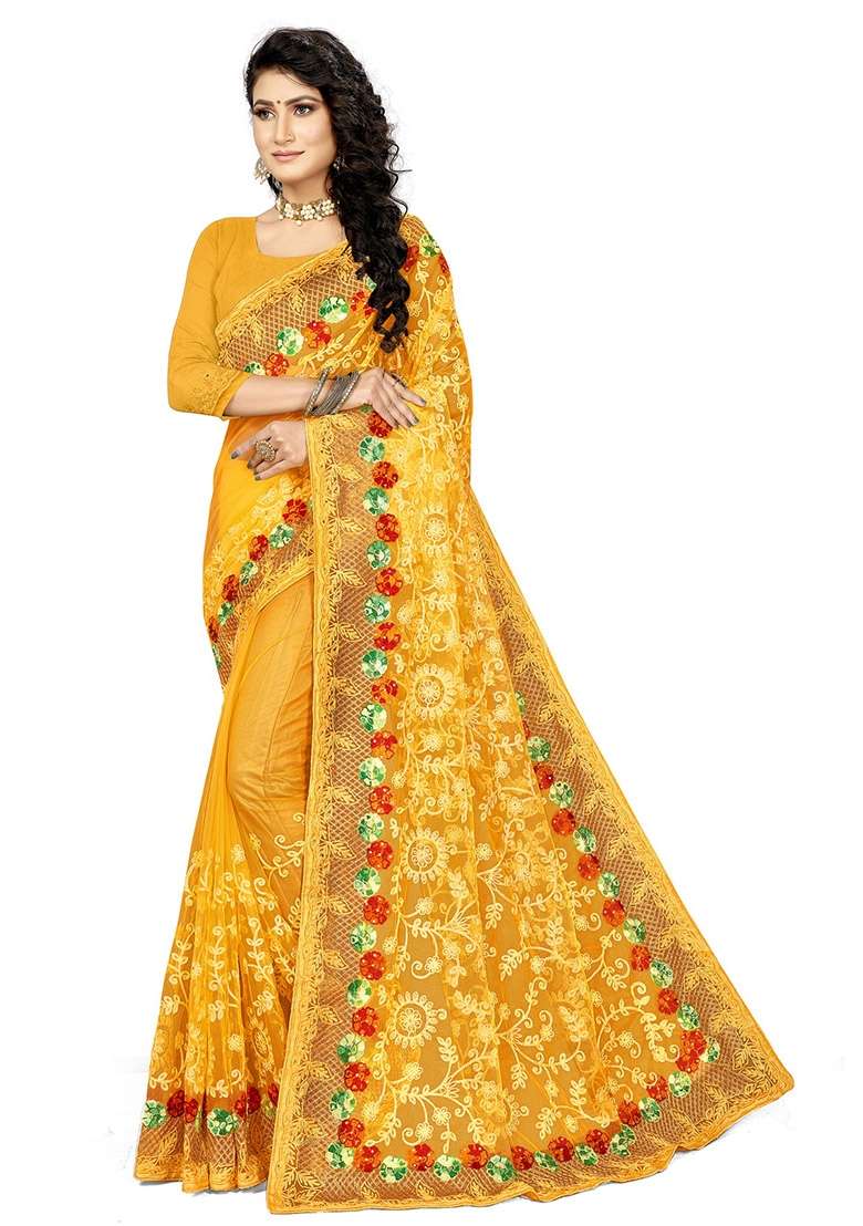 Yellow Net Saree Set with Embroidered for Diwali | Wedding & Festive Wear - Indya