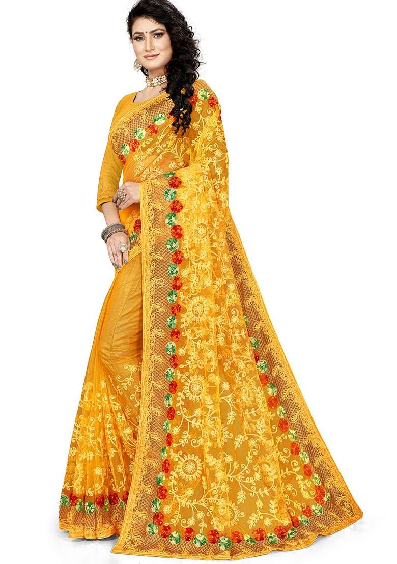 Yellow Net Saree Set with Embroidered for Diwali | Wedding & Festive Wear - Indya