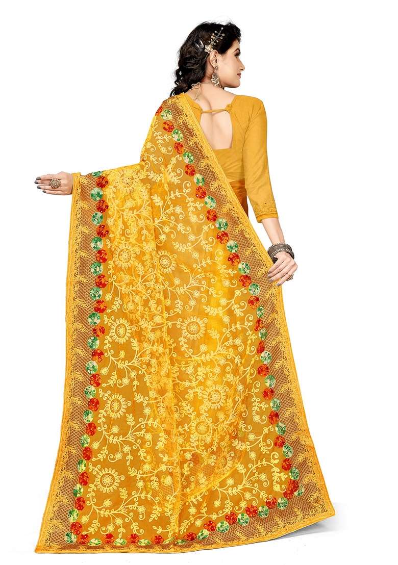 Yellow Net Saree Set with Embroidered for Diwali | Wedding & Festive Wear - Indya