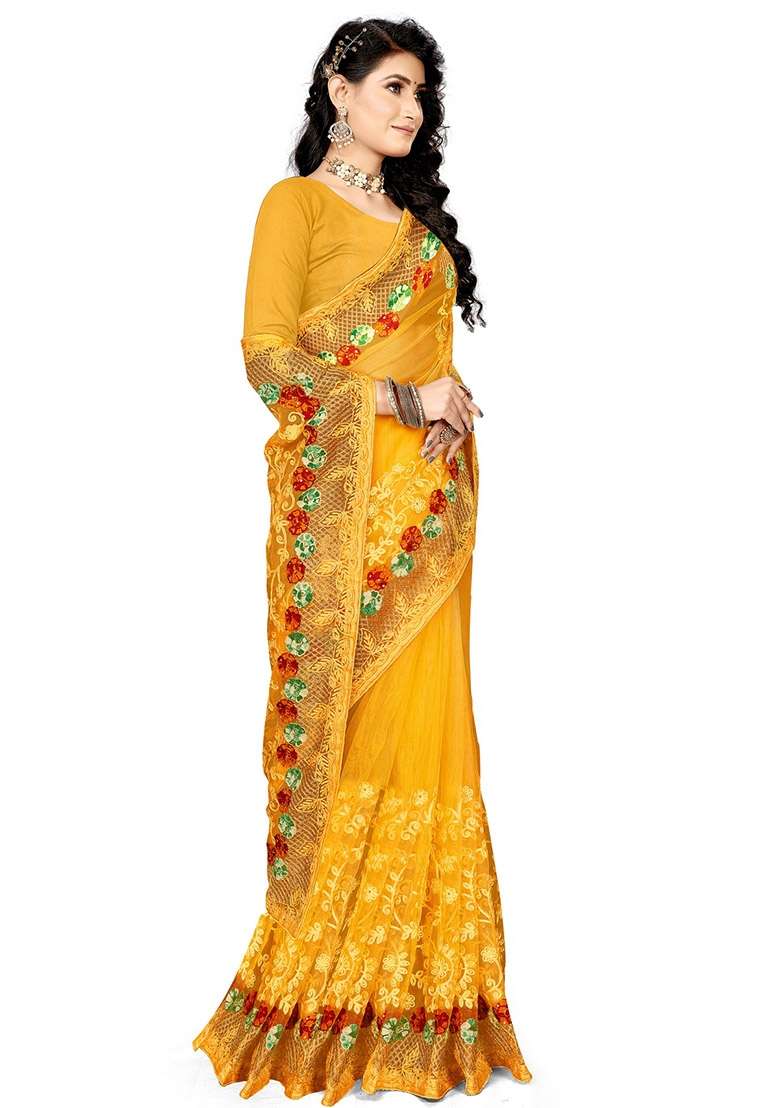 Yellow Net Saree Set with Embroidered for Diwali | Wedding & Festive Wear - Indya