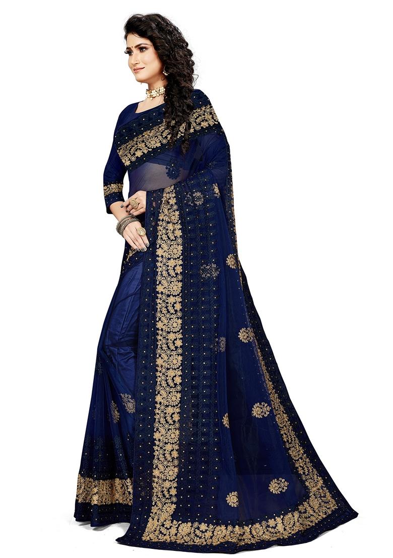 Navy Blue Embroidered Net Saree Set