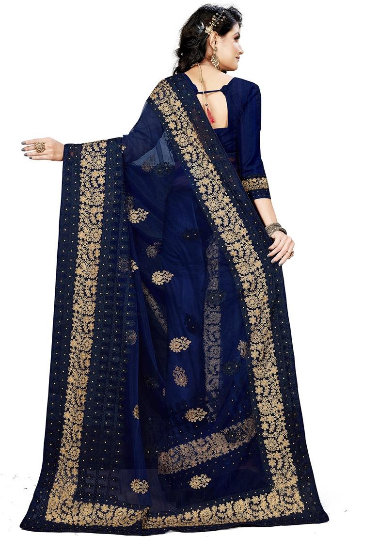 Navy Blue Embroidered Net Saree Set