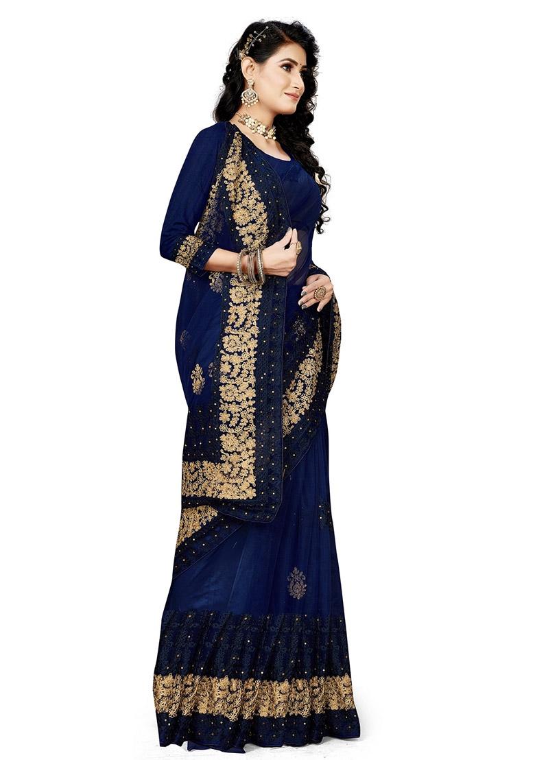 Navy Blue Embroidered Net Saree Set
