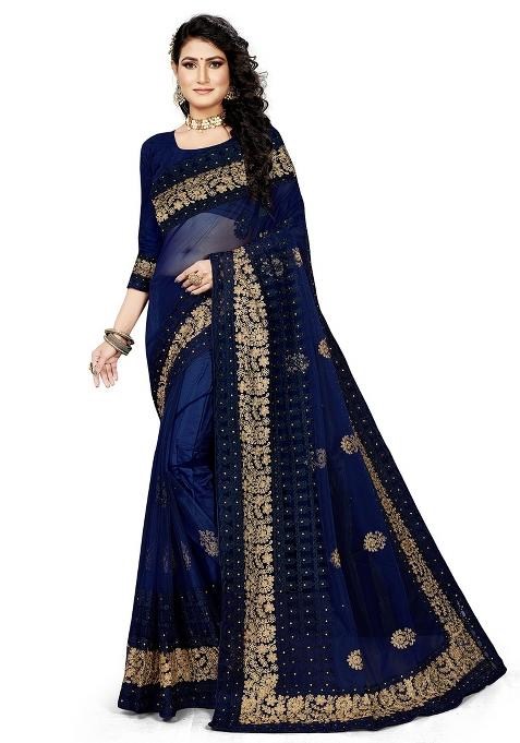 Navy Blue Embroidered Net Saree Set