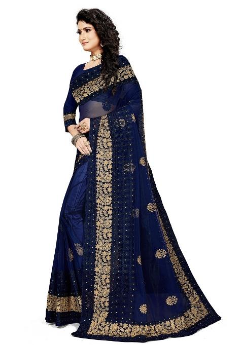 Navy Blue Embroidered Net Saree Set