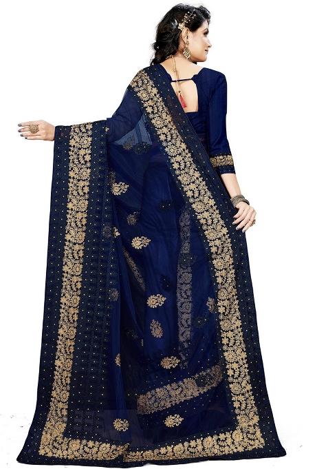 Navy Blue Embroidered Net Saree Set