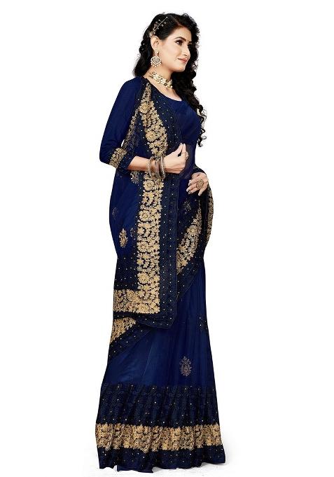 Navy Blue Embroidered Net Saree Set
