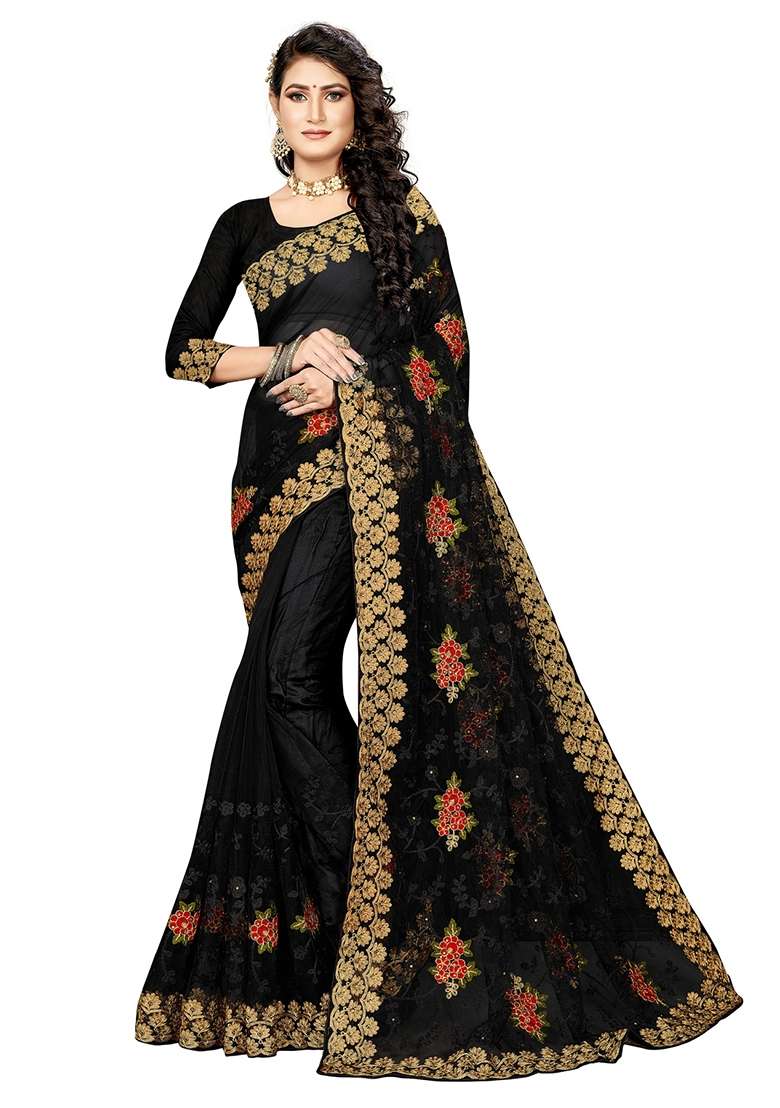 Black Embroidered Net Saree Set for Diwali and Festive Wear - Indya