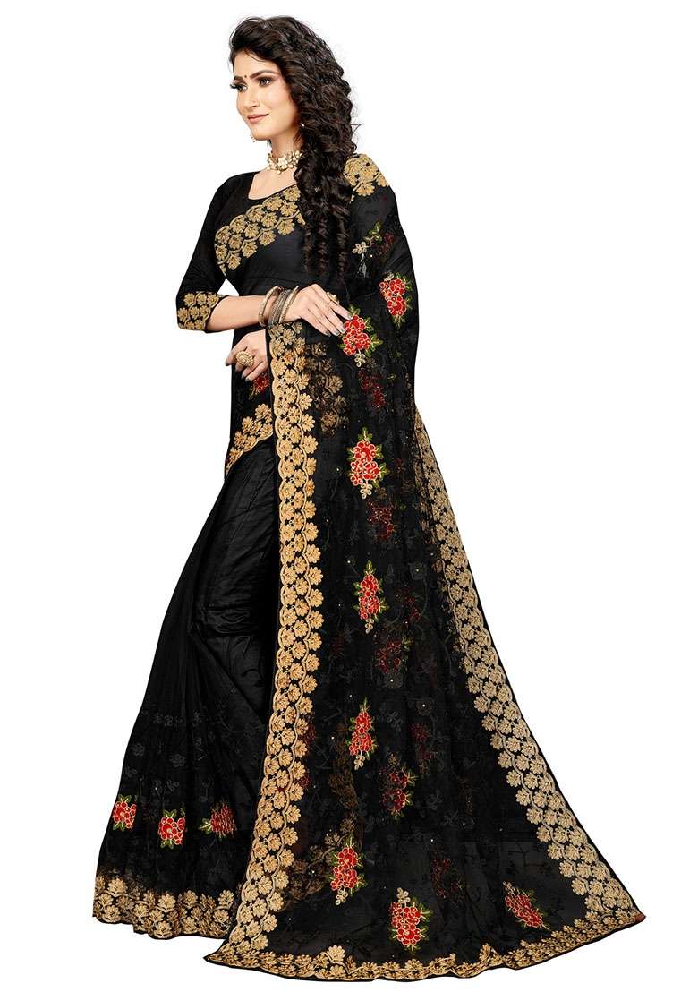 Black Embroidered Net Saree Set for Diwali and Festive Wear - Indya