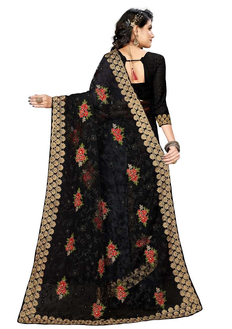 Black Embroidered Net Saree Set for Diwali and Festive Wear - Indya