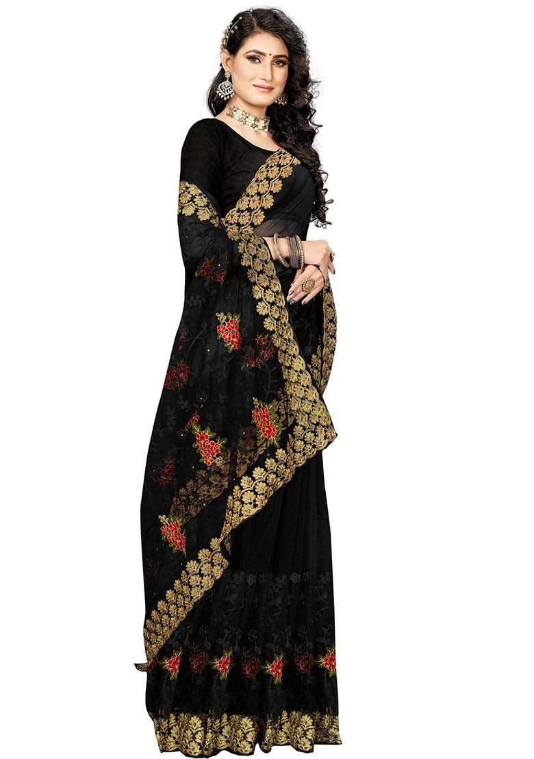Black Embroidered Net Saree Set for Diwali and Festive Wear - Indya