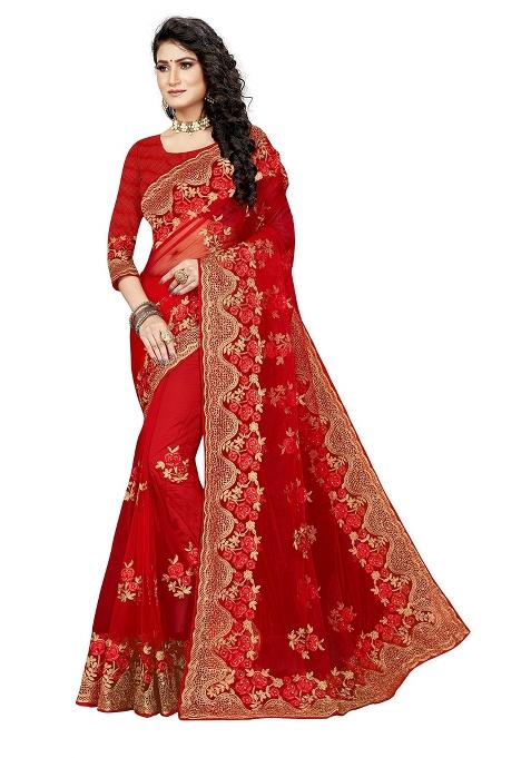 Red Embroidered Net Saree Set