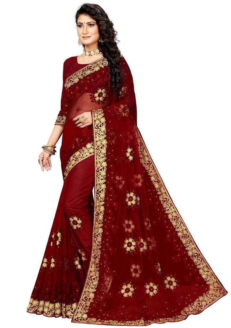 Maroon Net Saree Set with Embroidered for Diwali | Wedding & Festive Wear - Indya