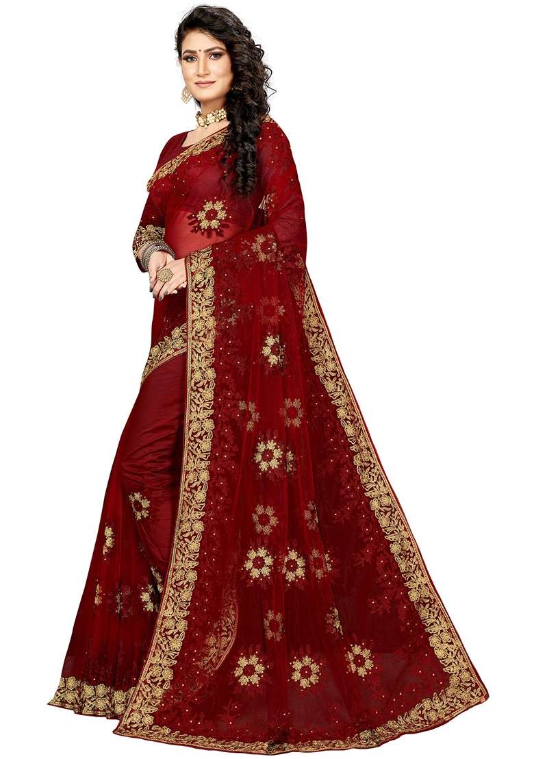 Maroon Net Saree Set with Embroidered for Diwali | Wedding & Festive Wear - Indya