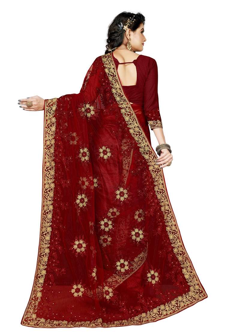 Maroon Net Saree Set with Embroidered for Diwali | Wedding & Festive Wear - Indya