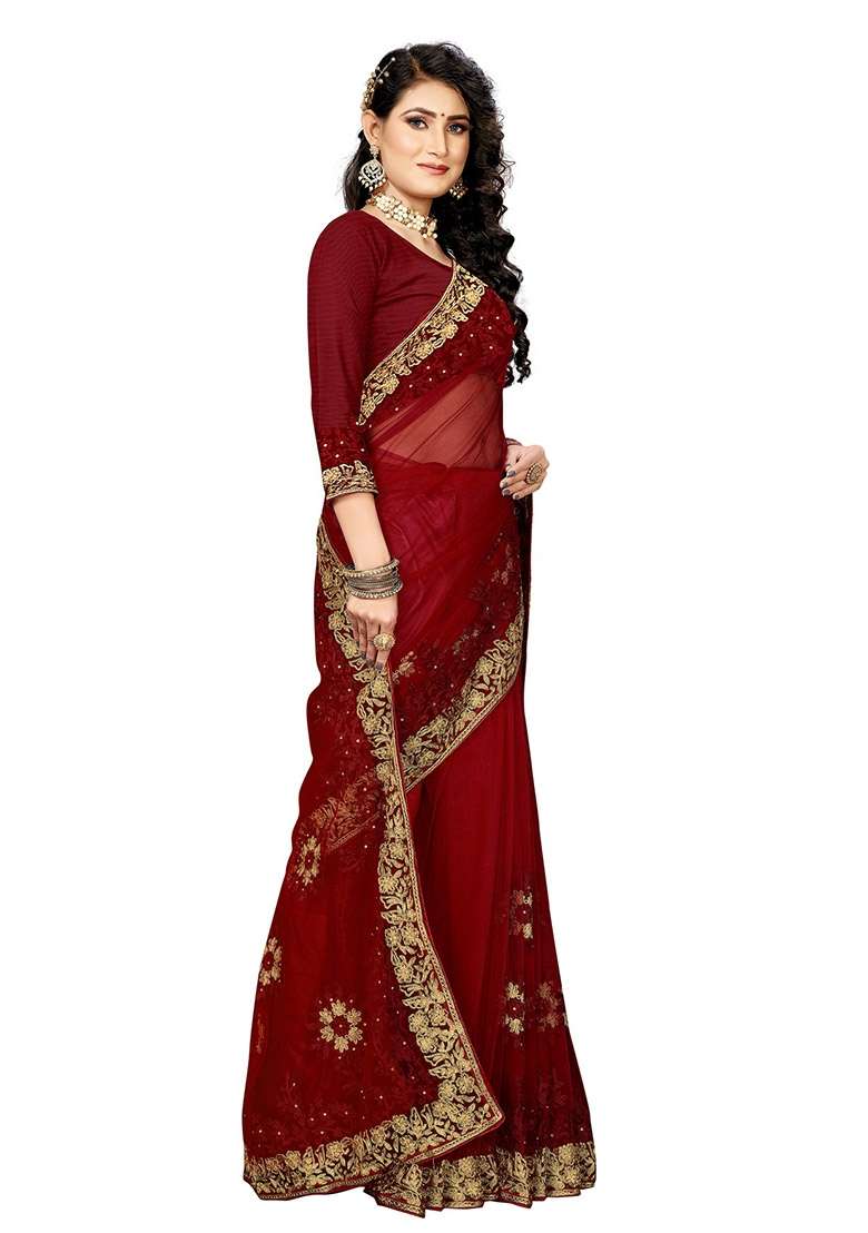 Maroon Net Saree Set with Embroidered for Diwali | Wedding & Festive Wear - Indya