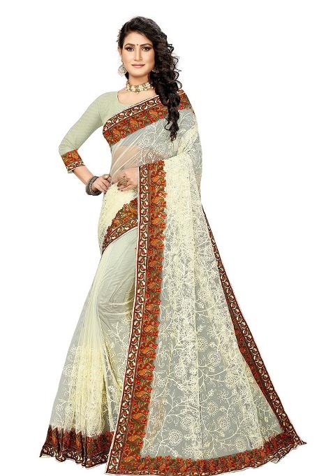 White Embroidered Net Saree Set